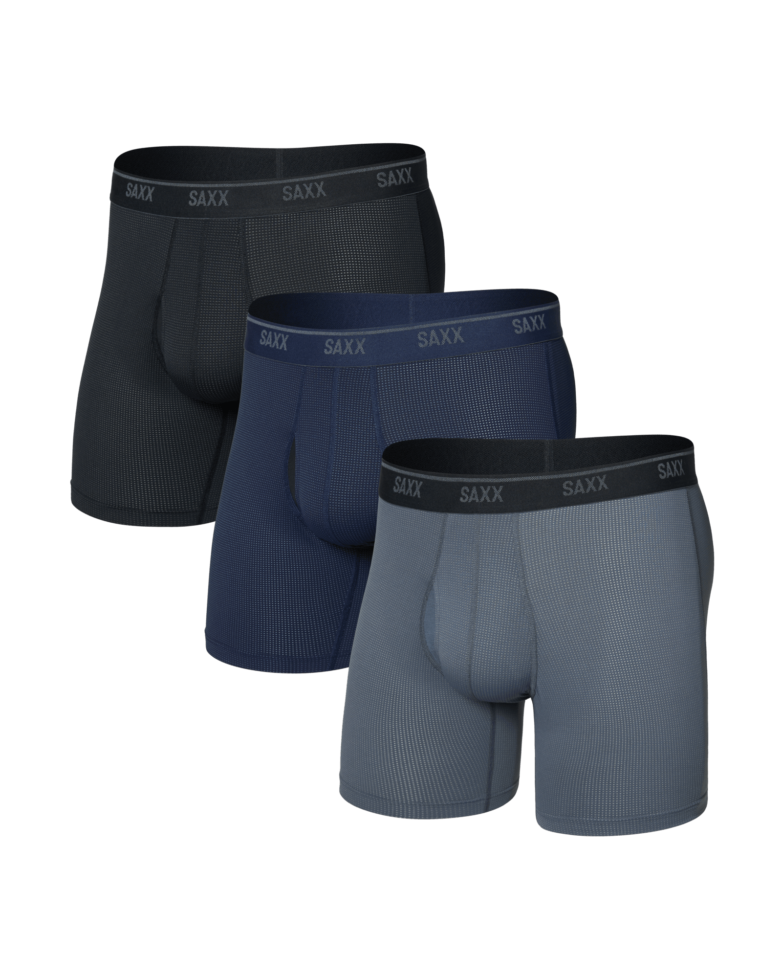 Front of Quest Quick-Dry Mesh Boxer Brief Fly 3 Pack in Black/Turbulence/Maritime