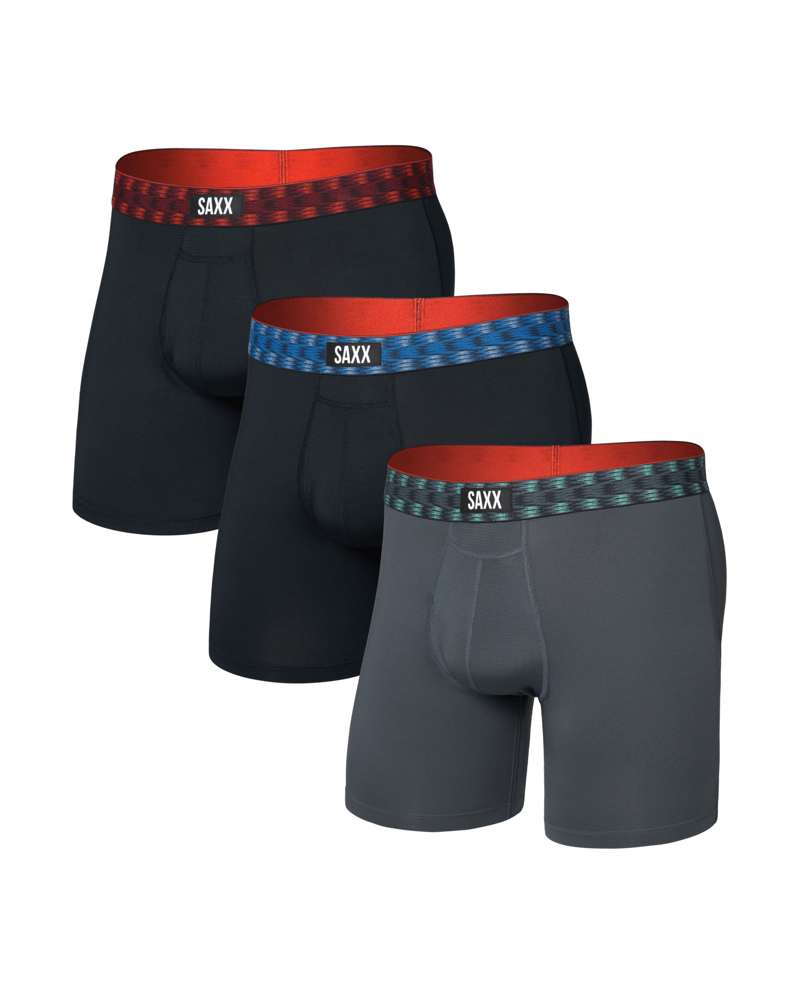 Front of Multi-Sport Mesh Boxer Brief Fly 3 Pack in Red/Mint/Blue Jagged Waistband