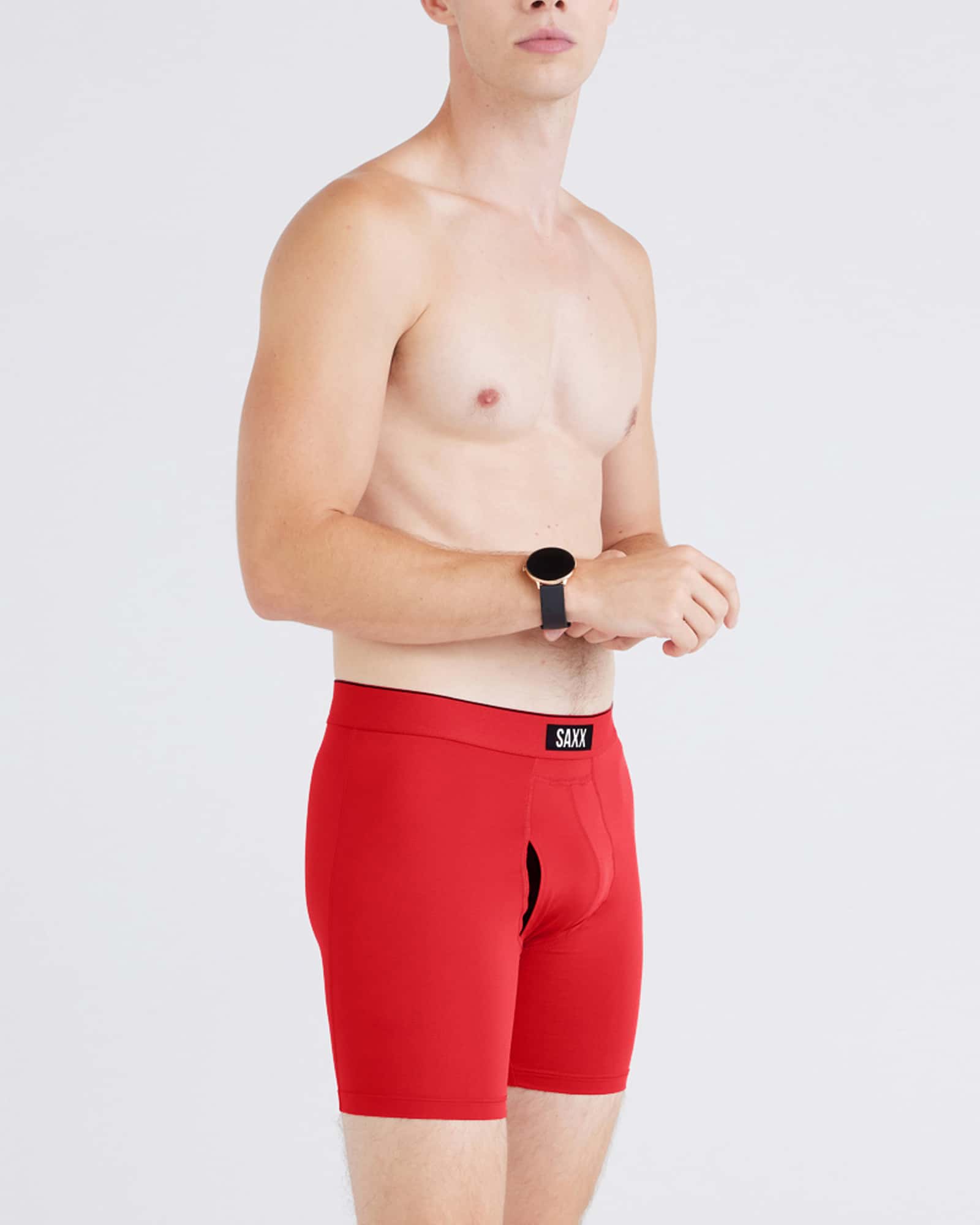 Front - Model wearing Multi-Sport Mesh Boxer Brief Fly 3Pk in Sunset Red/Turbublence/Faded Black