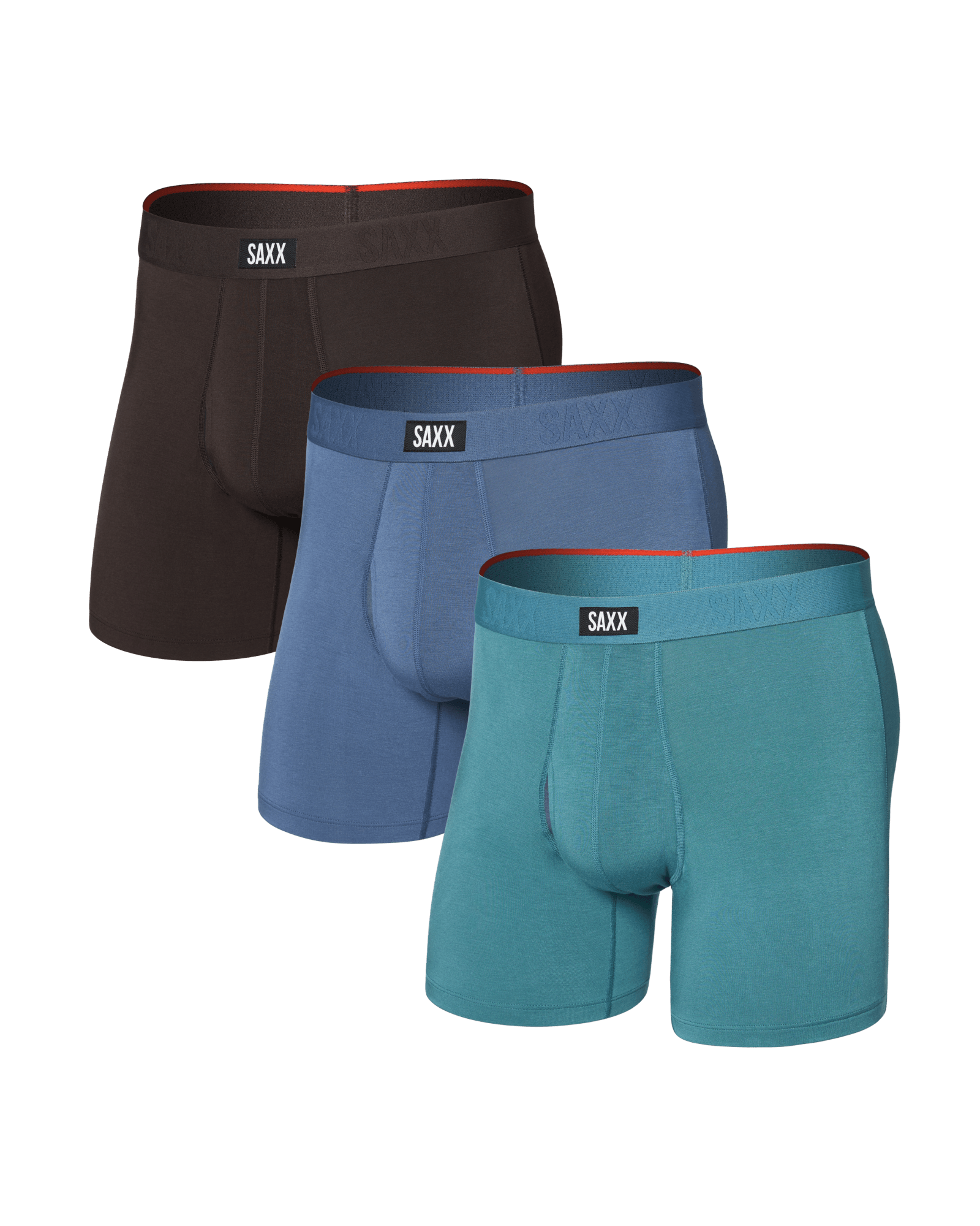 Front of  Vibe Xtra Soft Comfort Boxer Brief Fly 3 Pack in Seascape/Indigo/Dark Chocolate