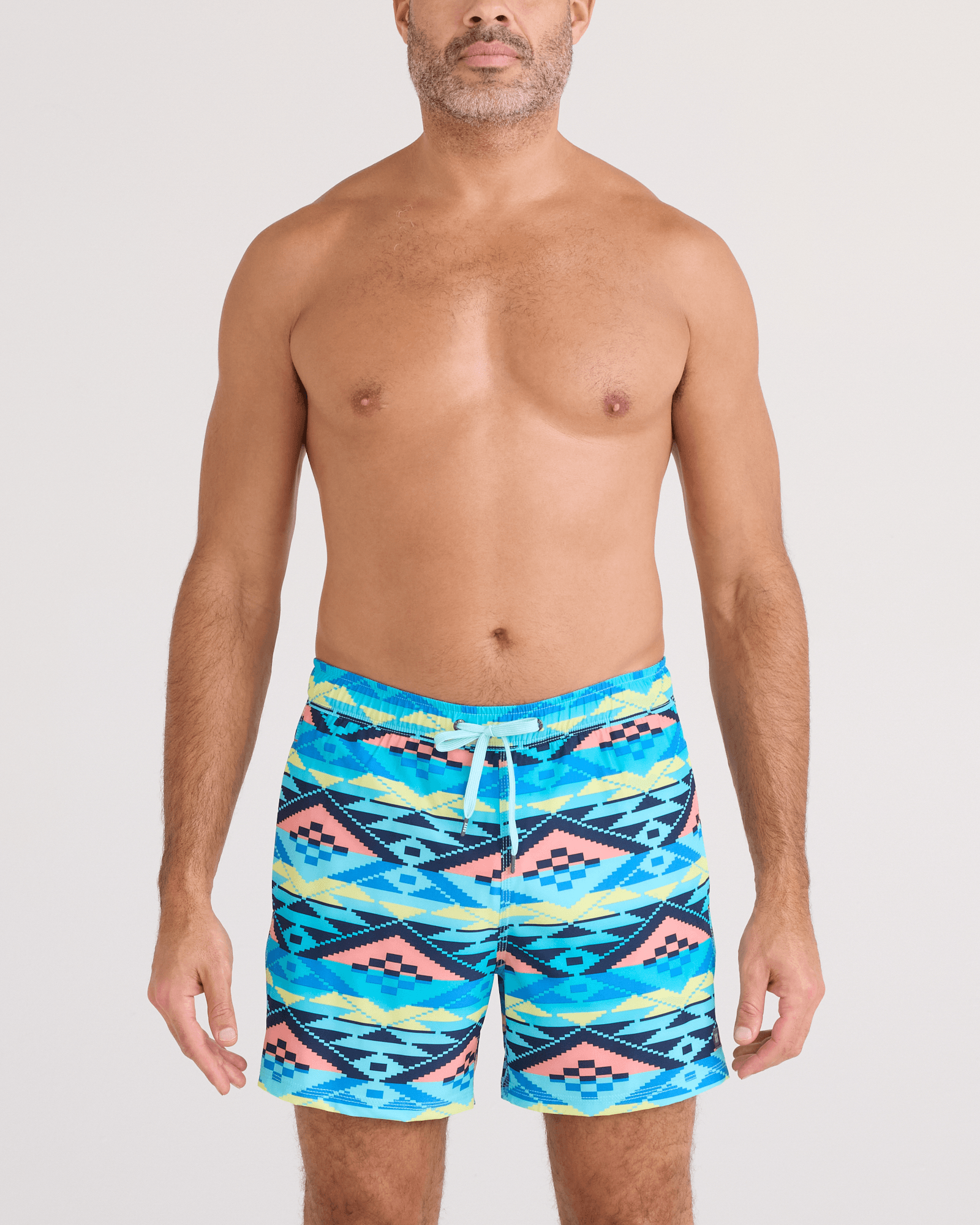 Front - Model wearing Oh Buoy 2N1 Swim Trunk 5" in Geo Gradient-Aqua