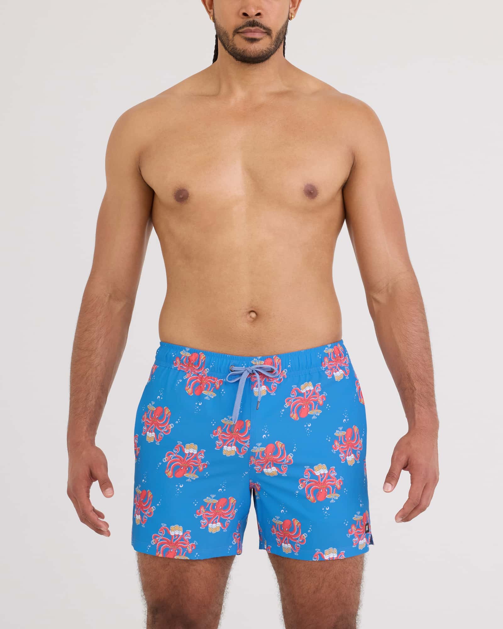 Front - Model wearing Oh Buoy 2N1 Volley 5" in Octopus Bartender-Blue