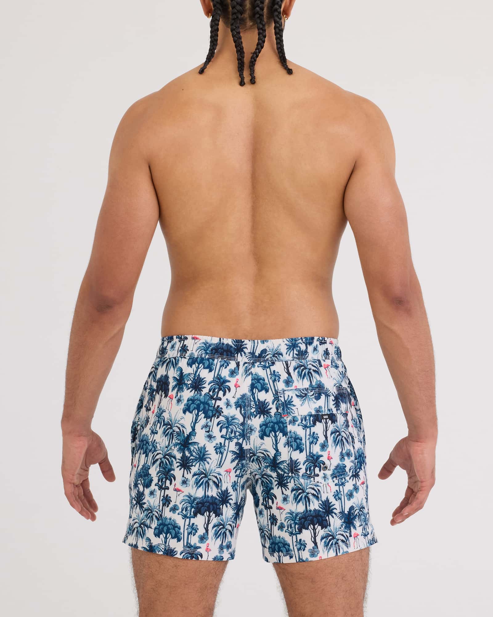 Back - Model wearing Oh Buoy 2N1 Volley 5" in Palm Mix-White Sand