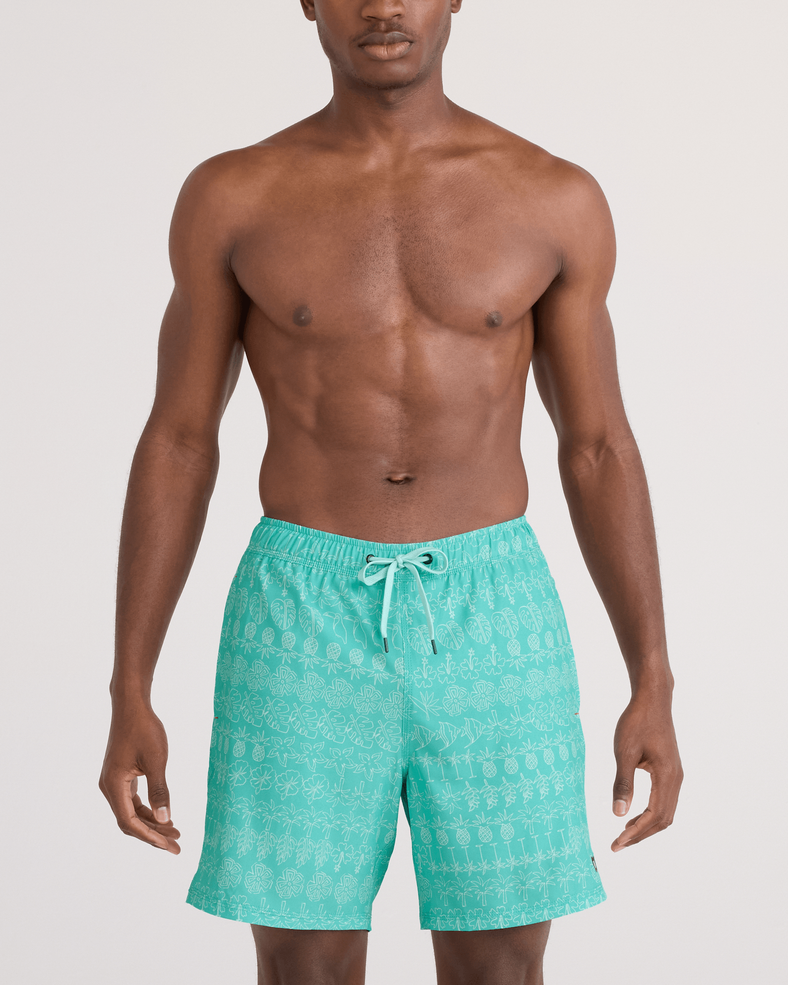 Front - Model wearing Oh Buoy 2N1 Swim Trunk 7" in Island Lineup-Surf Blue