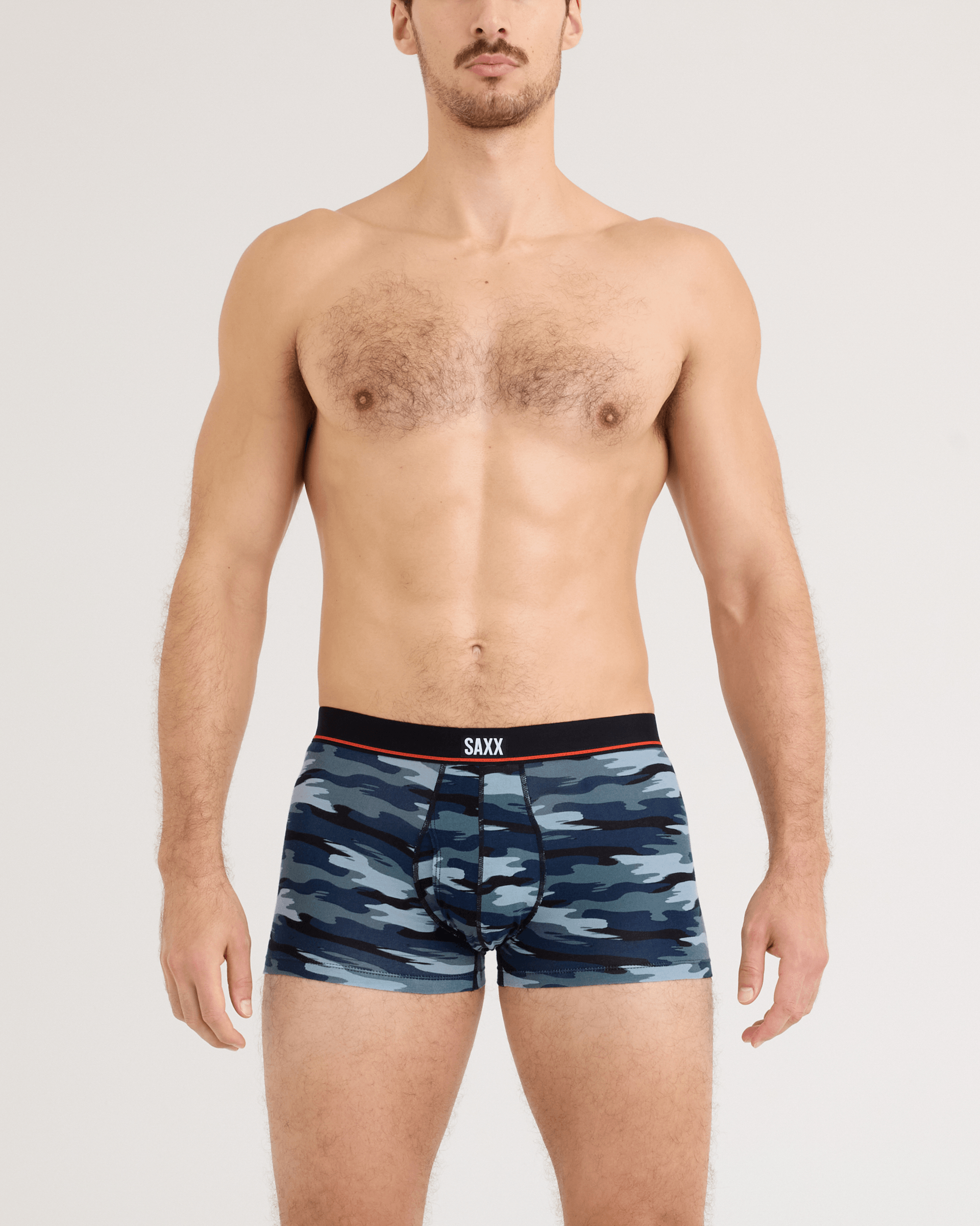 Front - Model wearing Non-Stop Stretch Cotton Trunk Fly in Analog Wave Camo