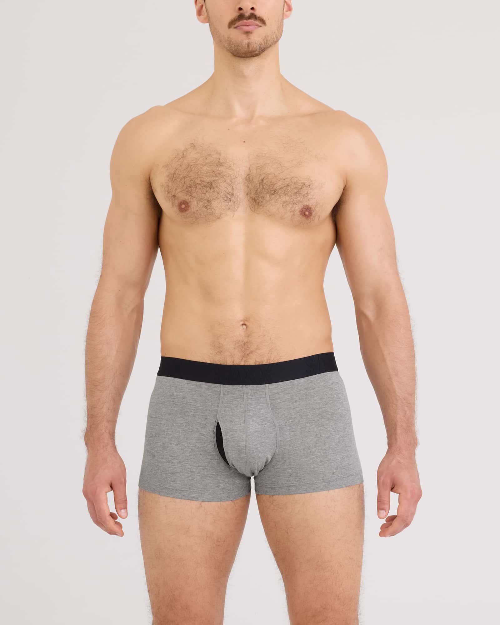 Front - Model wearing Droptemp Cooling Cotton Trunk Fly in Dark Grey Heather