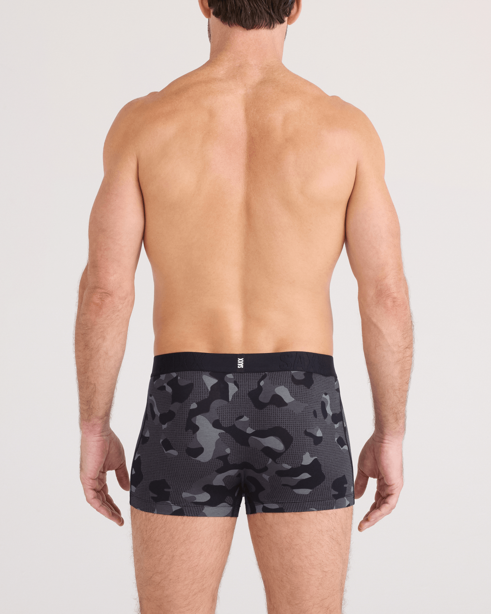 Back - Model wearing DropTemp Cooling Cotton Trunk Fly in Pebble Camo-Graphite