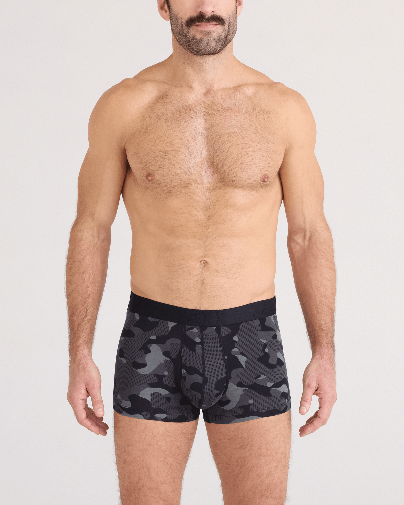 Front - Model wearing DropTemp Cooling Cotton Trunk Fly in Pebble Camo-Graphite