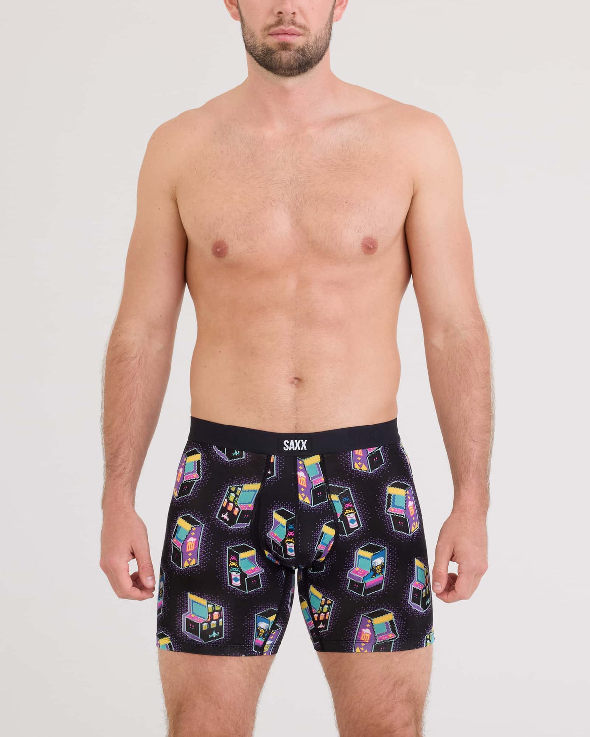 Front - Model wearing Vibe Xtra Soft Comfort Boxer Brief Fly in Beercade-Black
