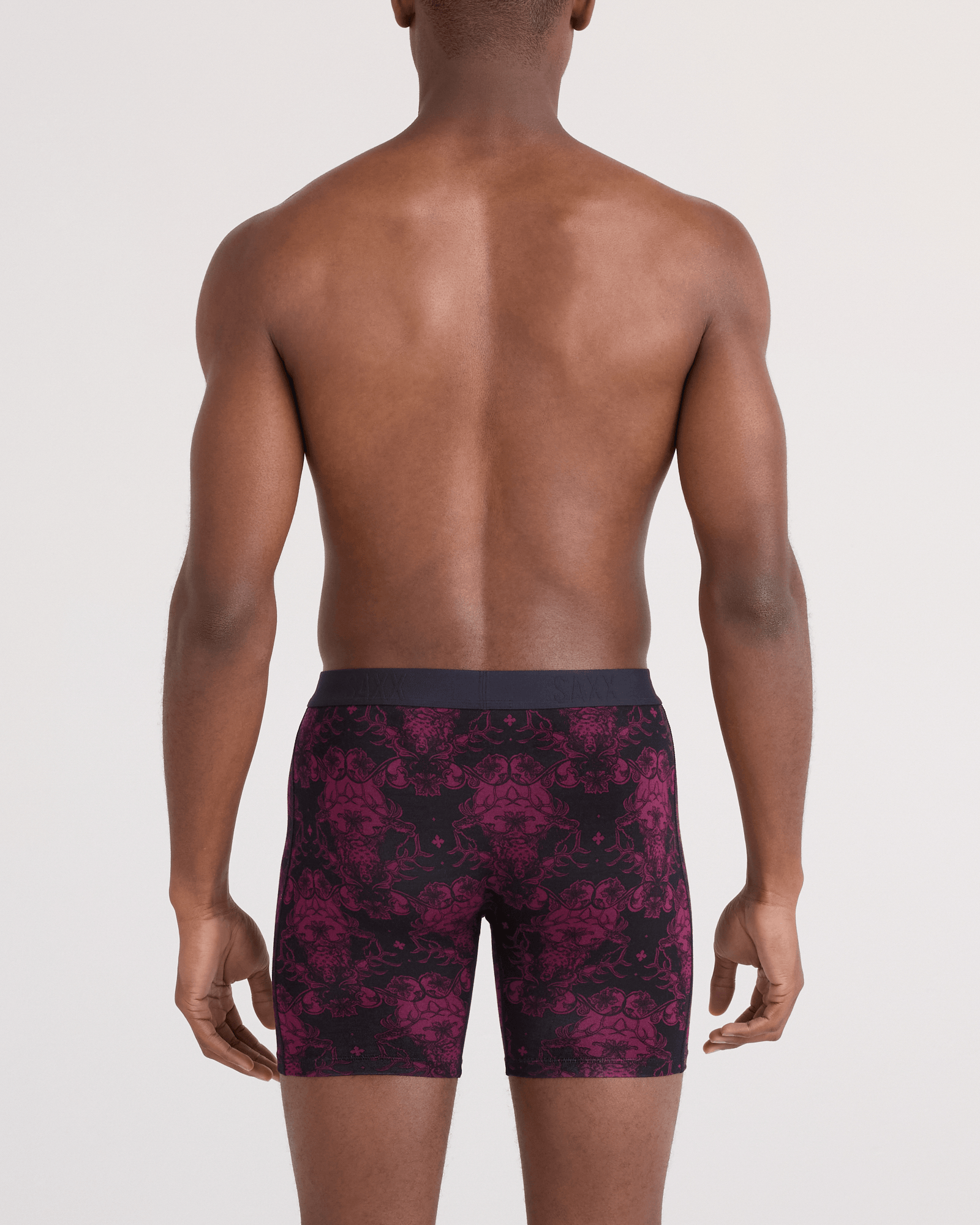 Back - Model wearing  Vibe Xtra Soft Comfort Boxer Brief Fly in Bear Brocade-Maroon