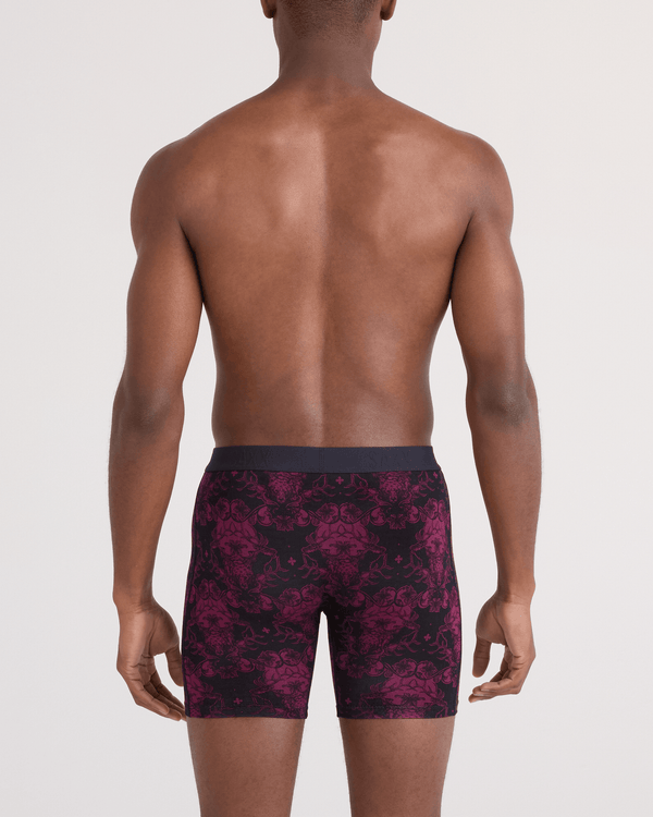 Back - Model wearing Vibe Xtra Soft Comfort Boxer Brief Fly in Bear Brocade-Maroon