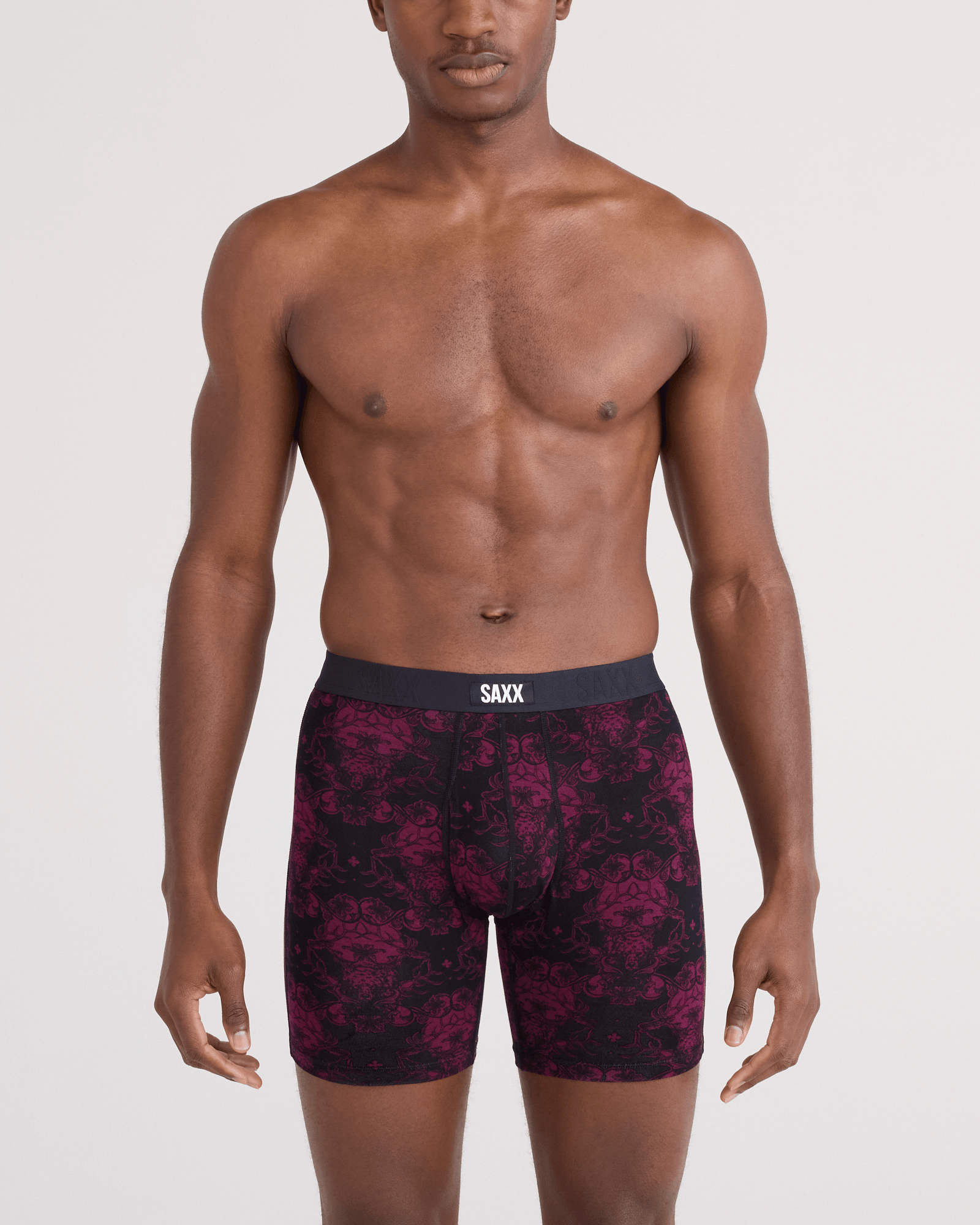 Front - Model wearing  Vibe Xtra Soft Comfort Boxer Brief Fly in Bear Brocade-Maroon