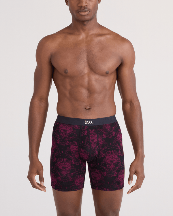 Front - Model wearing Vibe Xtra Soft Comfort Boxer Brief Fly in Bear Brocade-Maroon