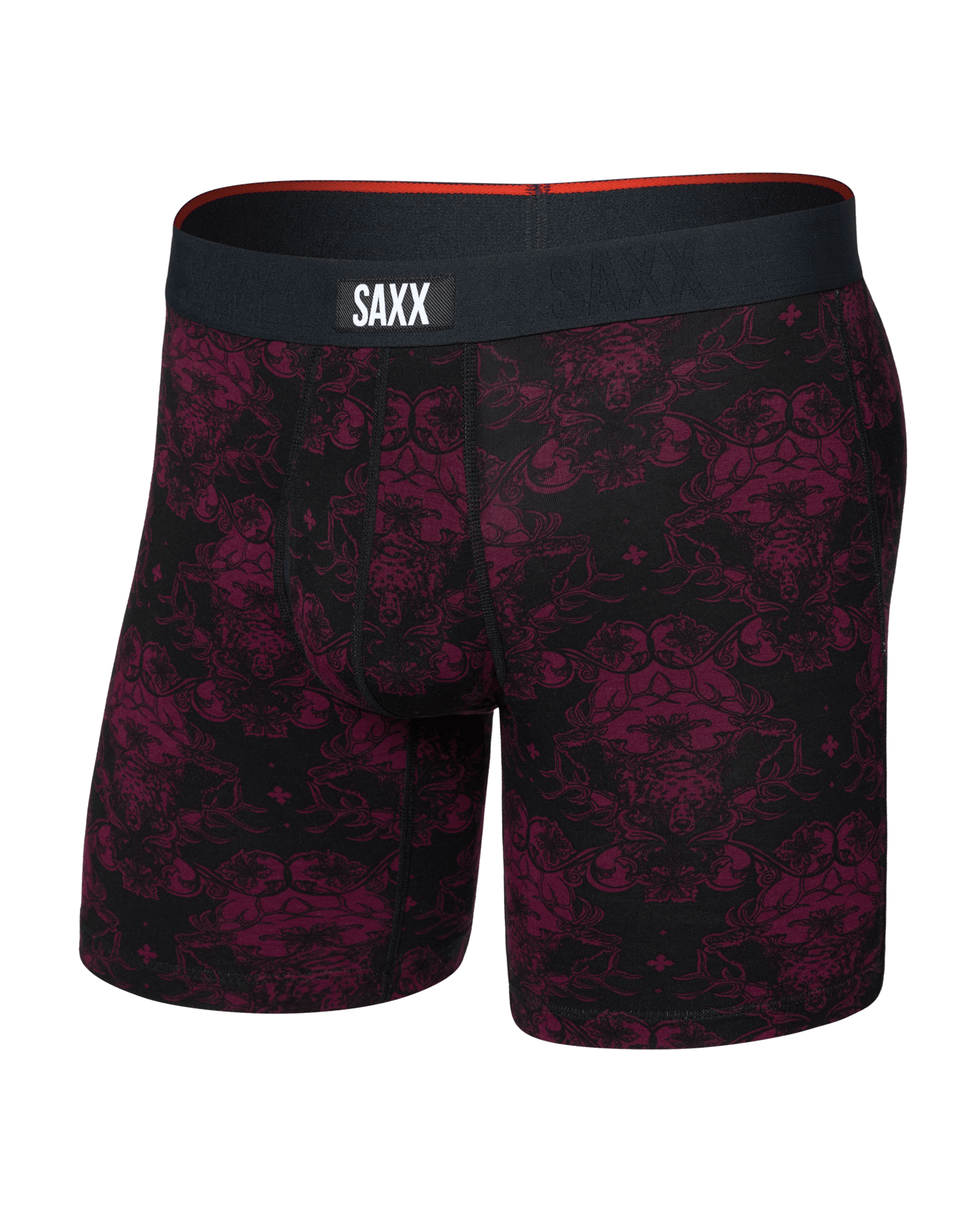 Front of  Vibe Xtra Soft Comfort Boxer Brief Fly in Bear Brocade-Maroon