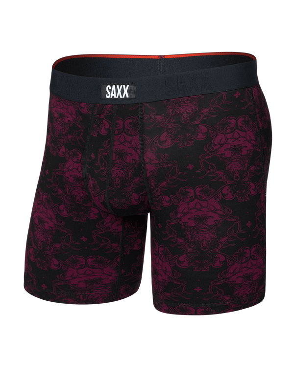 Front of Vibe Xtra Soft Comfort Boxer Brief Fly in Bear Brocade-Maroon
