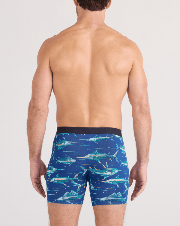Back - Model wearing Vibe Xtra Soft Comfort Boxer Brief Fly in Digi Fish-Sapphire