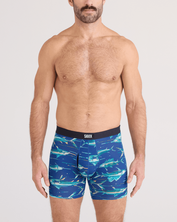 Front - Model wearing Vibe Xtra Soft Comfort Boxer Brief Fly in Digi Fish-Sapphire