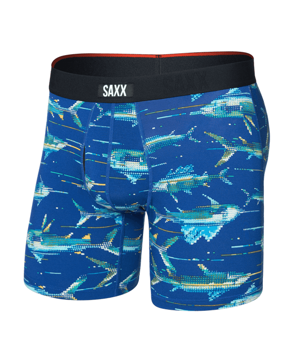 Front of Vibe Xtra Soft Comfort Boxer Brief Fly in Digi Fish-Sapphire