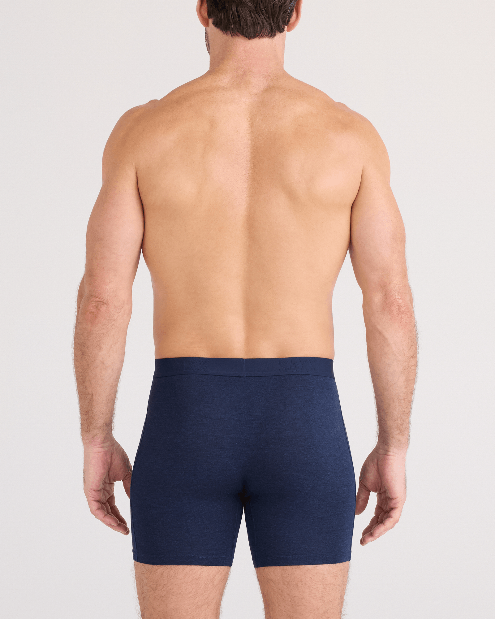 Back - Model wearing Vibe Xtra Soft Comfort Boxer Brief Fly in Dark Navy Heather