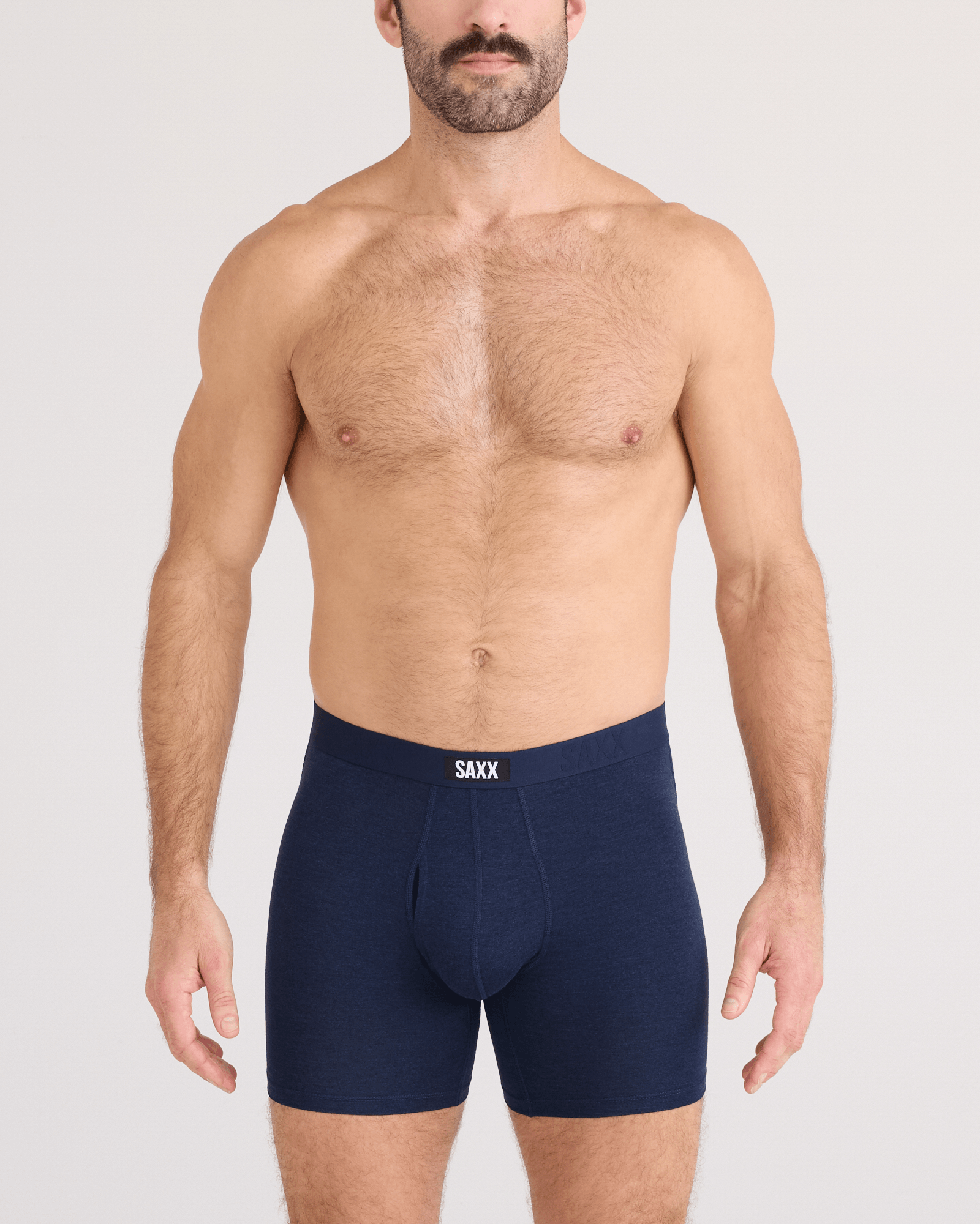Front - Model wearing Vibe Xtra Soft Comfort Boxer Brief Fly in Dark Navy Heather