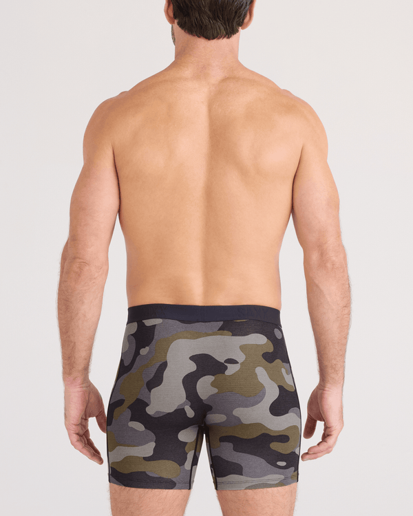 Back - Model wearing Vibe Xtra Soft Comfort Boxer Brief Fly in Dunk Tank Camo-Multi