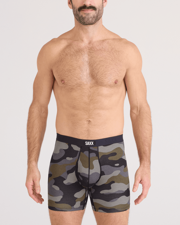 Front - Model wearing Vibe Xtra Soft Comfort Boxer Brief Fly in Dunk Tank Camo-Multi
