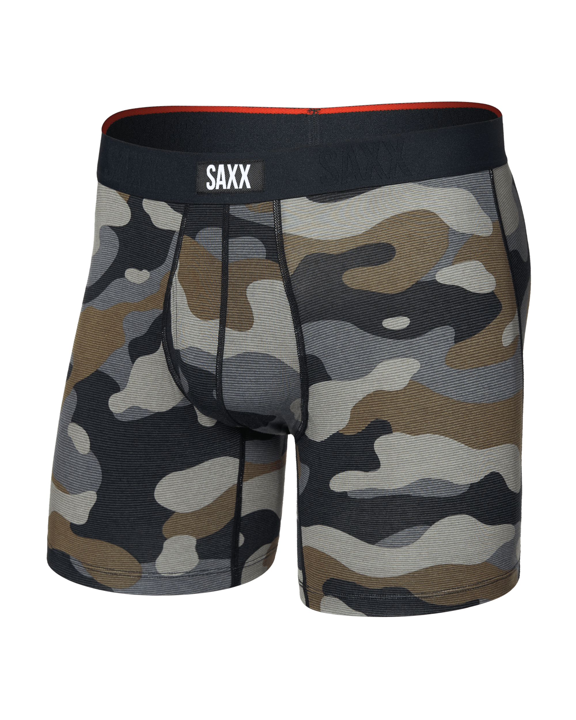 Front of Vibe Xtra Soft Comfort Boxer Brief Fly in Dunk Tank Camo-Multi