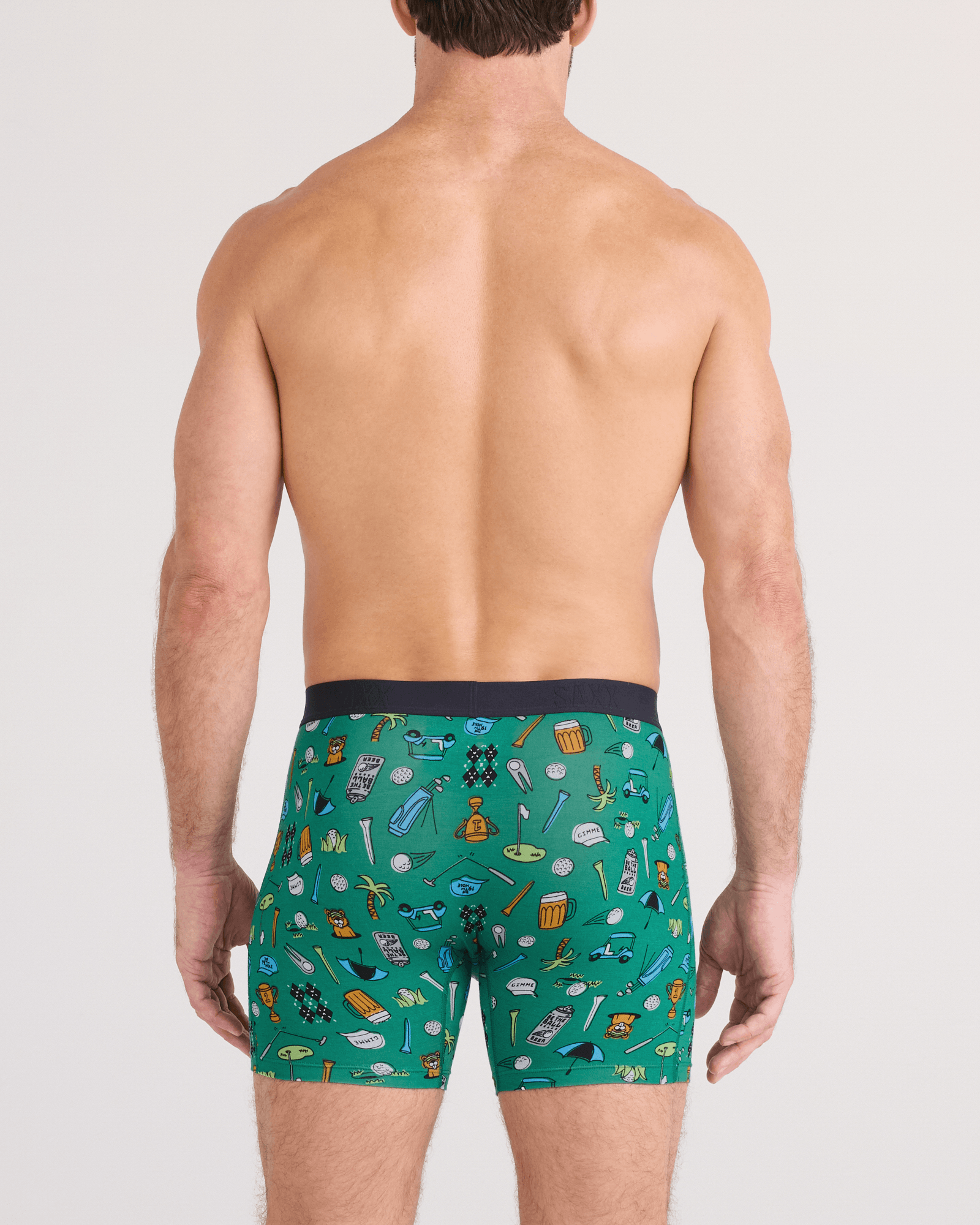 Back - Model wearing Vibe Xtra Soft Comfort Boxer Brief Fly in Fairway Bits-Green