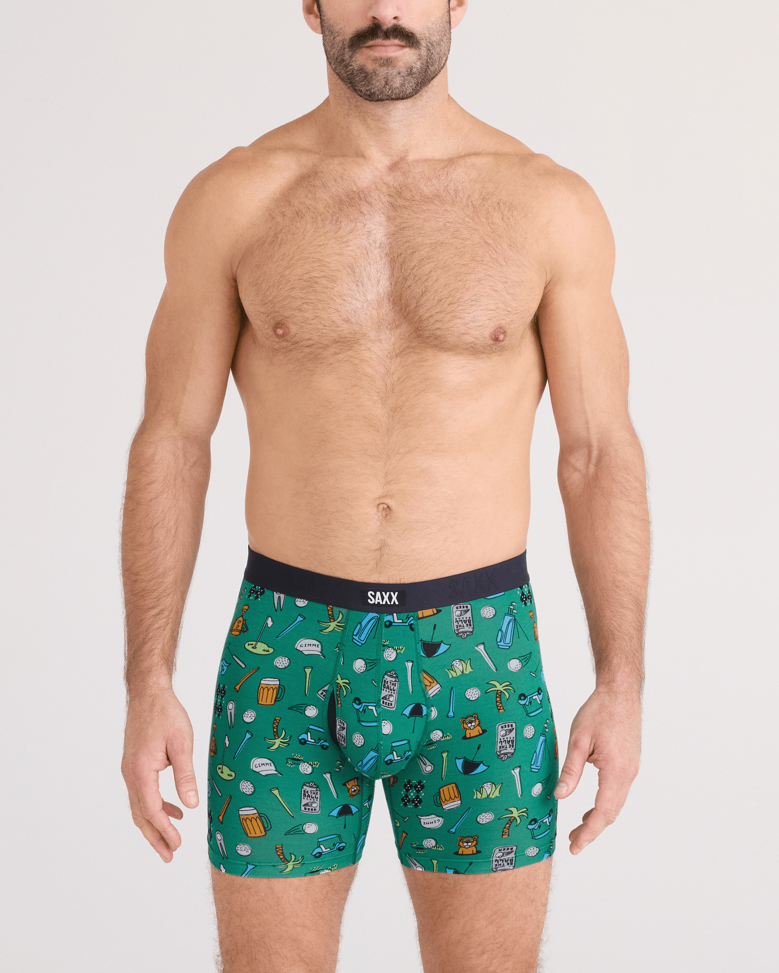 Front - Model wearing Vibe Xtra Soft Comfort Boxer Brief Fly in Fairway Bits-Green