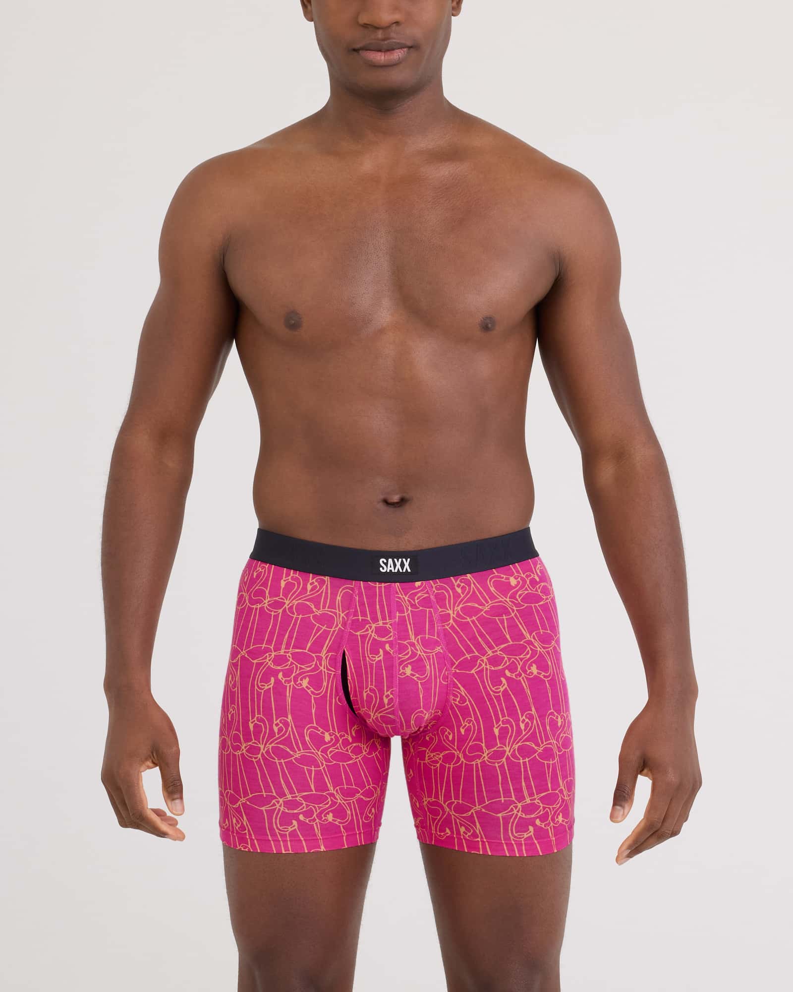 Front - Model wearing Vibe Xtra Soft Comfort Boxer Brief Fly in Flamingo Ink-Fuchsia