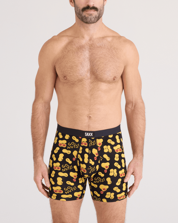 Front - Model wearing Vibe Xtra Soft Comfort Boxer Brief Fly in Go Nuts-Black