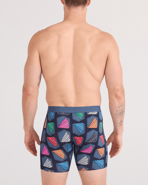 Back - Model wearing Vibe Xtra Soft Comfort Boxer Brief Fly in Hankerchief-India Ink