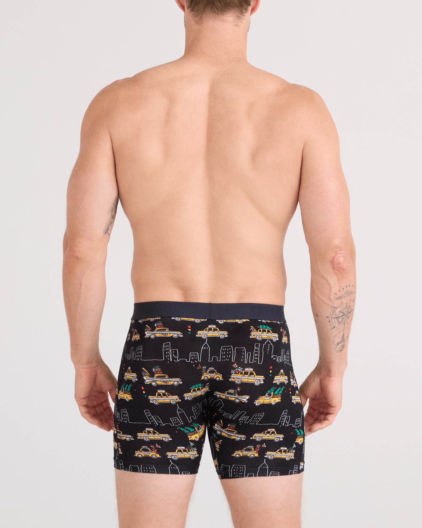 Back - Model wearing Vibe Xtra Soft Comfort Boxer Brief Fly in Hail The Holiday-Black