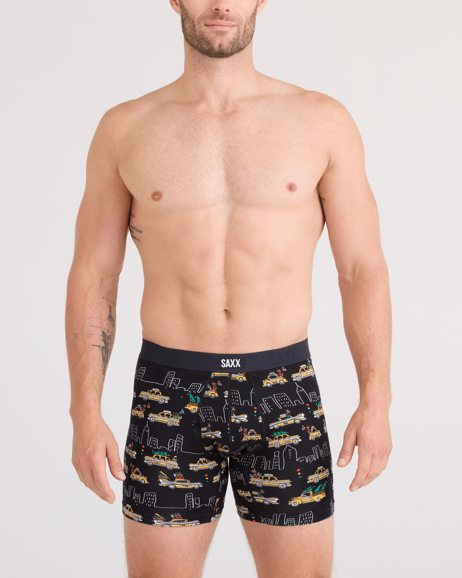 Front - Model wearing Vibe Xtra Soft Comfort Boxer Brief Fly in Hail The Holiday-Black
