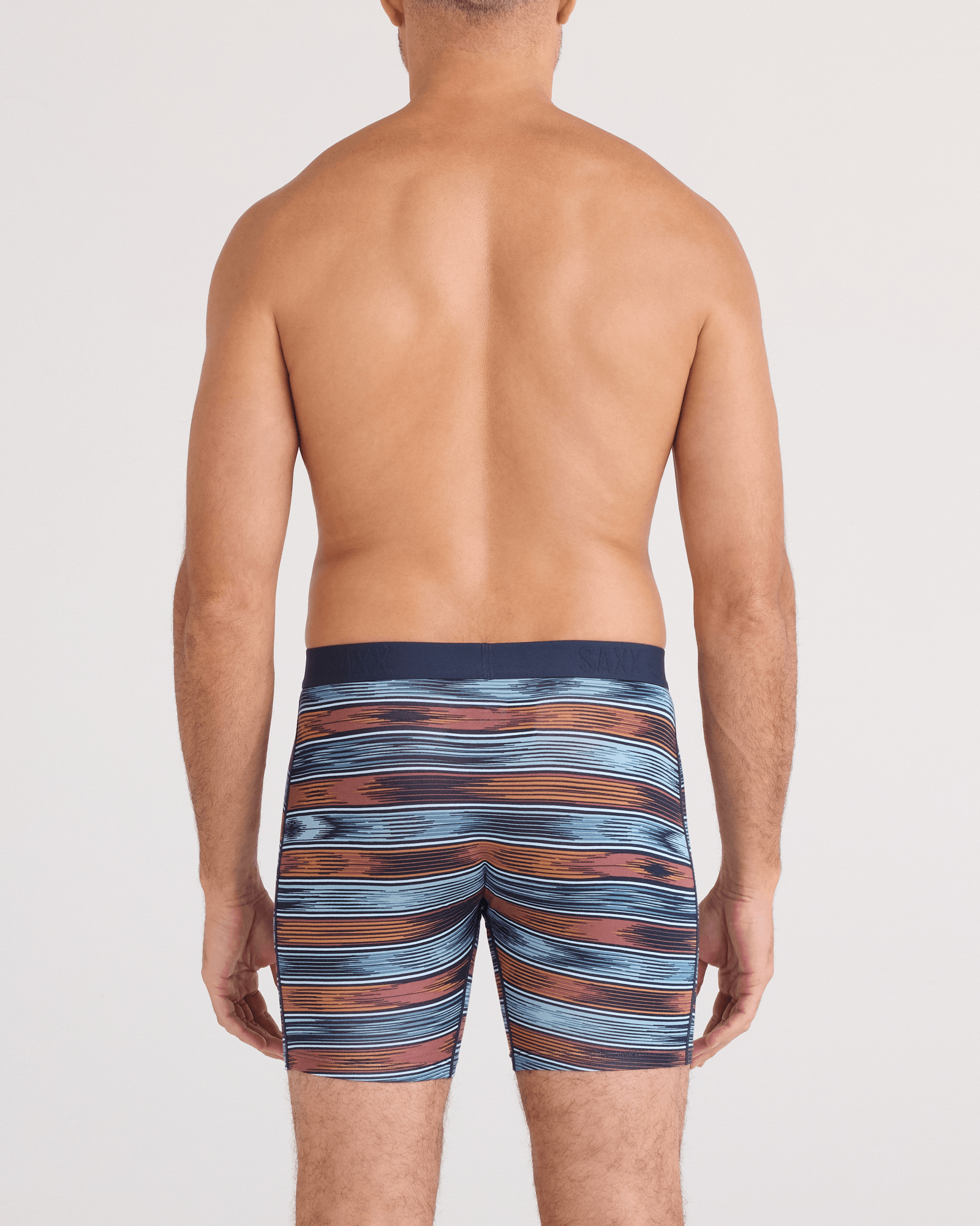 Back - Model wearing Vibe Xtra Soft Comfort Boxer Brief Fly in Ikat Stripe-Multi