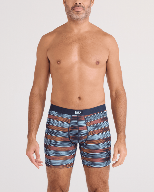 Front - Model wearing Vibe Xtra Soft Comfort Boxer Brief Fly in Ikat Stripe-Multi