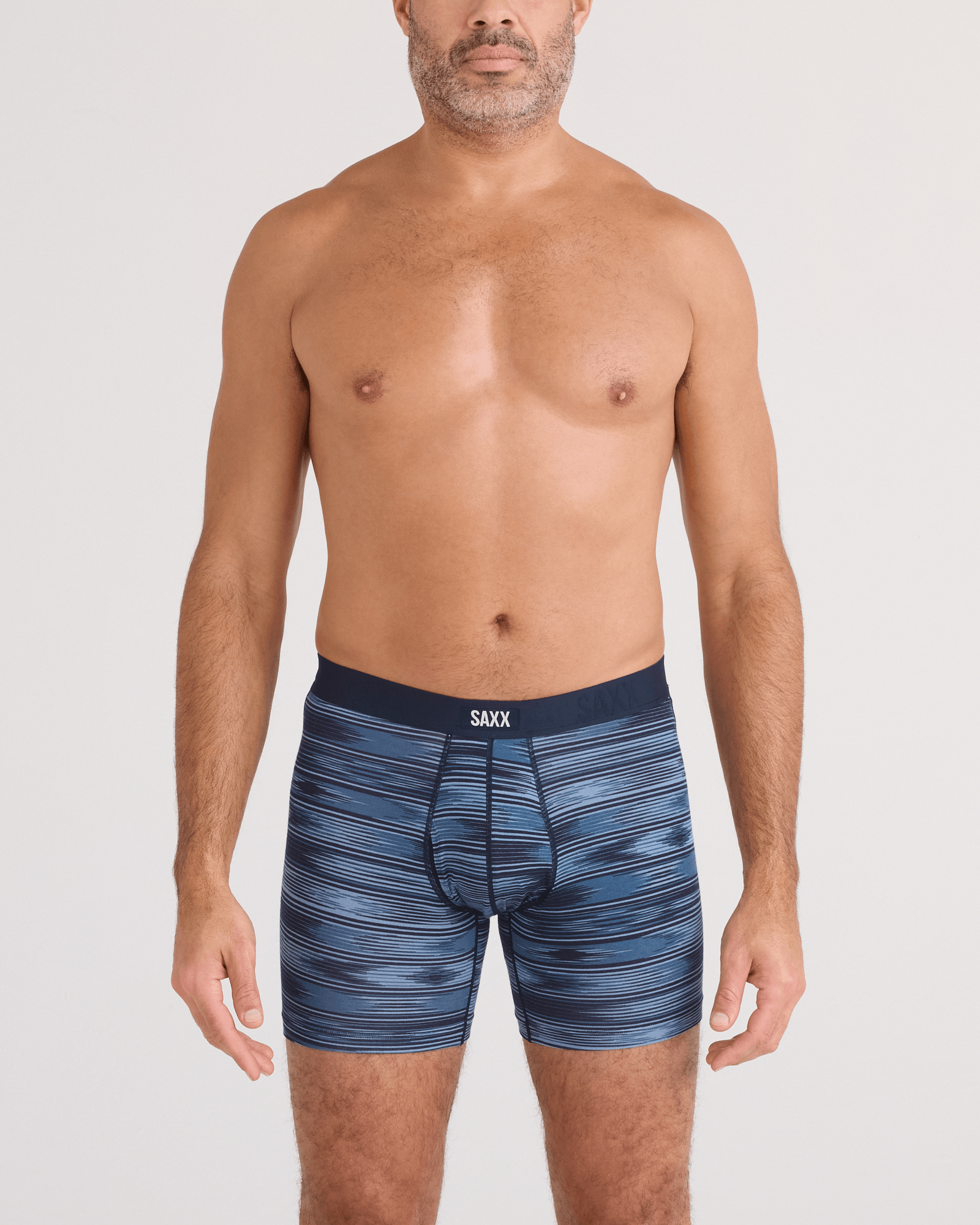 Front - Model wearing Vibe Xtra Soft Comfort Boxer Brief Fly in Ikat Stripe-Dark Denim