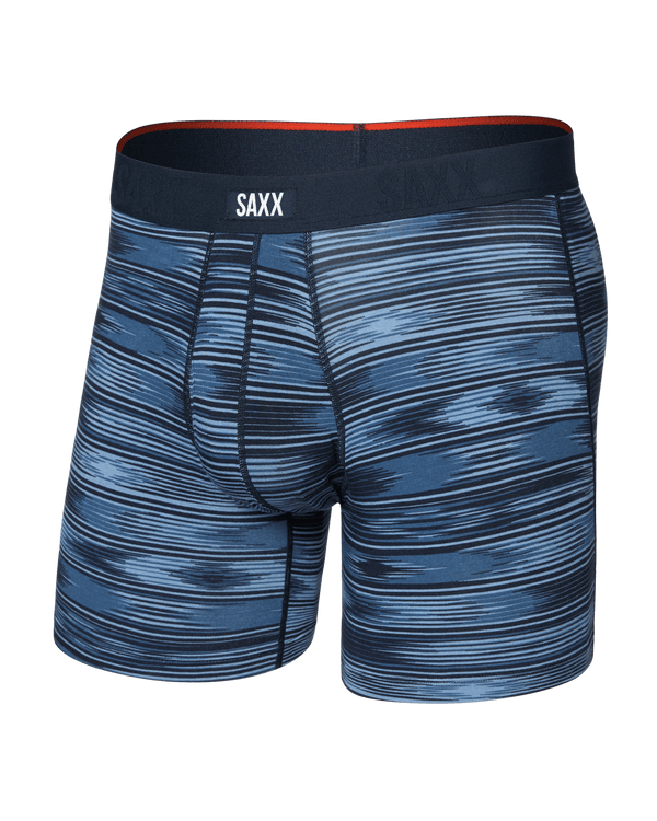 Front of Vibe Xtra Soft Comfort Boxer Brief Fly in Ikat Stripe-Dark Denim