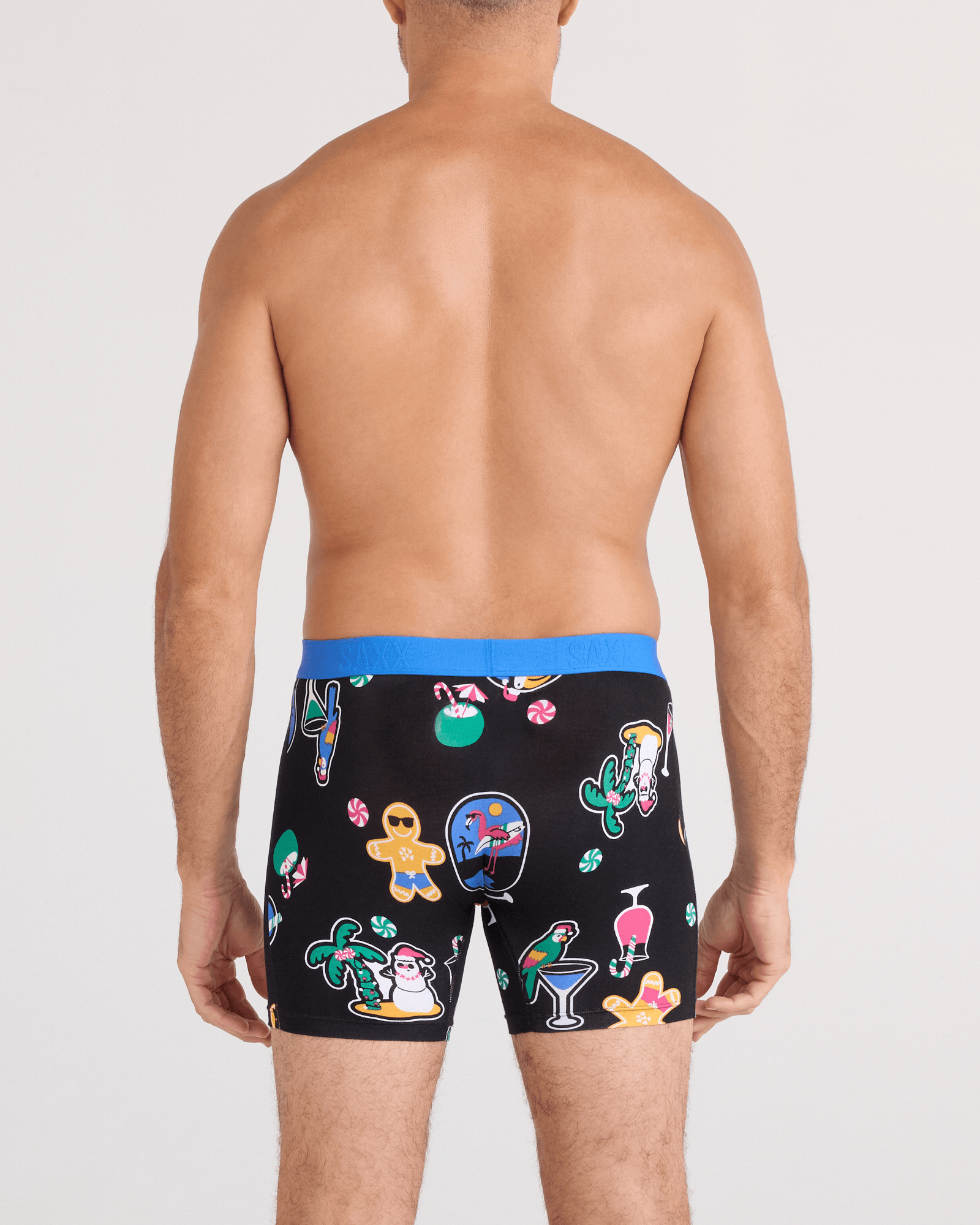 Back - Model wearing Vibe Xtra Soft Comfort Boxer Brief Fly in Island Holiday-Black