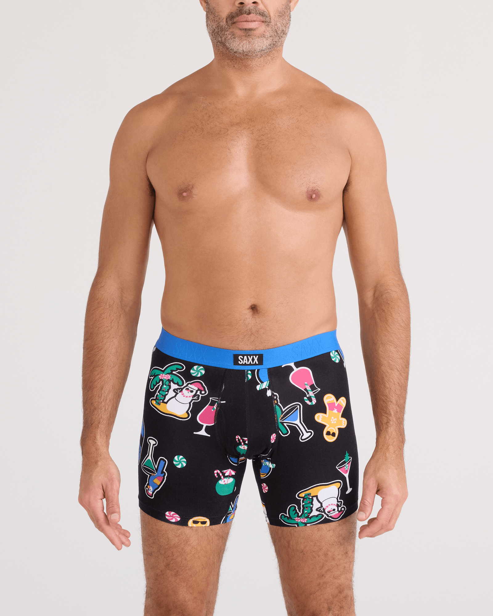 Front - Model wearing Vibe Xtra Soft Comfort Boxer Brief Fly in Island Holiday-Black