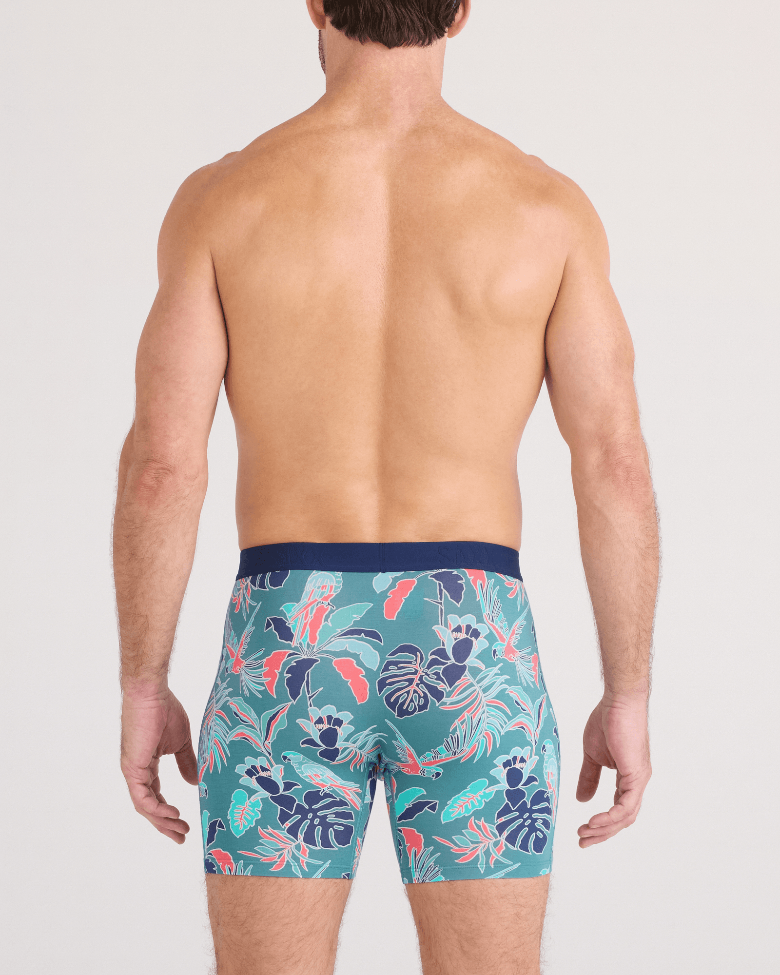 Back - Model wearing Vibe Xtra Soft Comfort Boxer Brief Fly in Island Tropics-Seascape