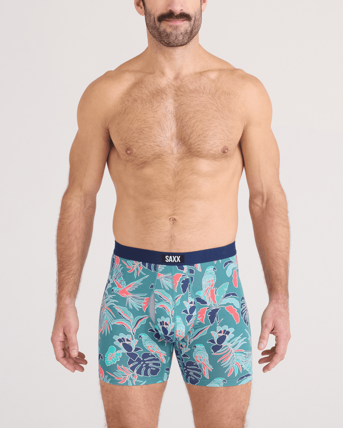 Front - Model wearing Vibe Xtra Soft Comfort Boxer Brief Fly in Island Tropics-Seascape
