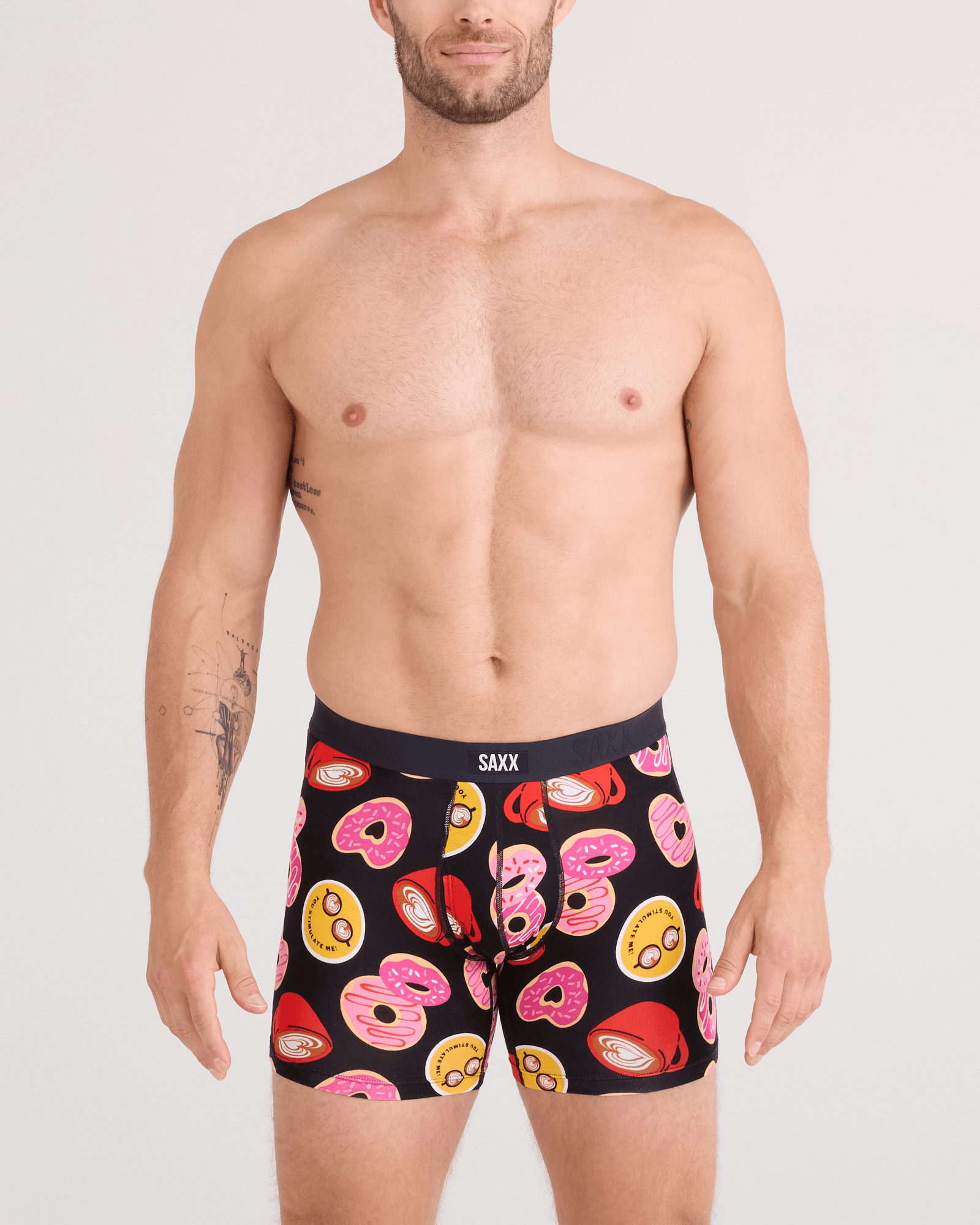 Front - Model wearing Vibe Xtra Soft Comfort Boxer Brief Fly in Love Story-Black