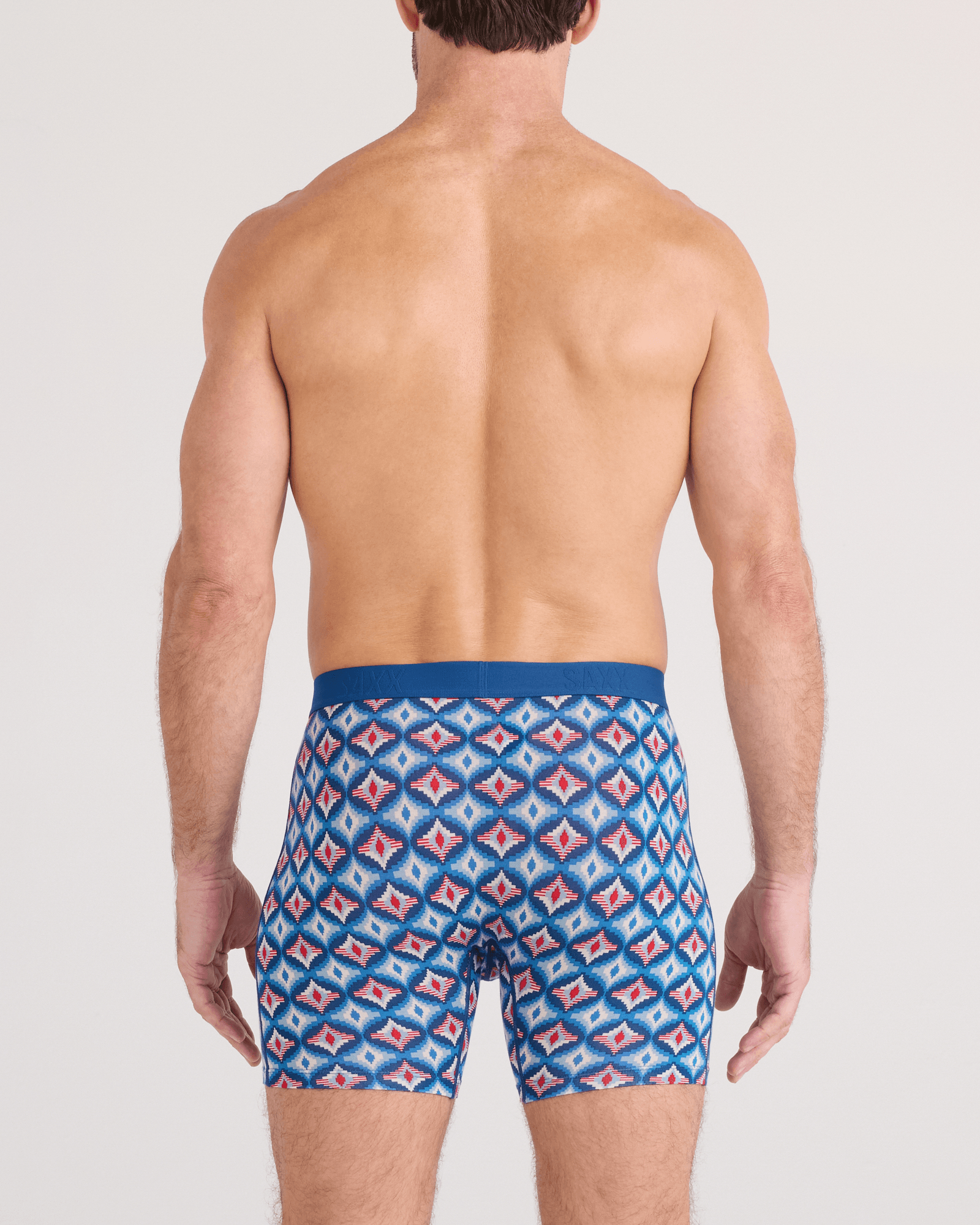 Back - Model wearing Vibe Xtra Soft Comfort Boxer Brief Fly in Lo-Tech Foulard-Blue