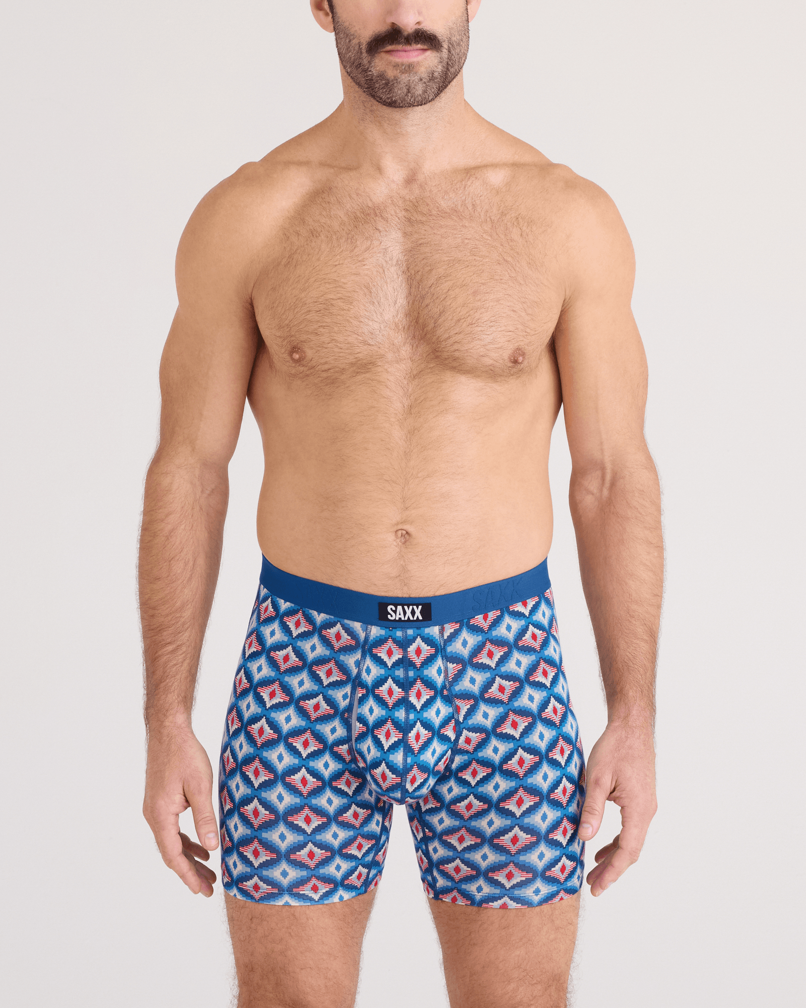 Front - Model wearing Vibe Xtra Soft Comfort Boxer Brief Fly in Lo-Tech Foulard-Blue