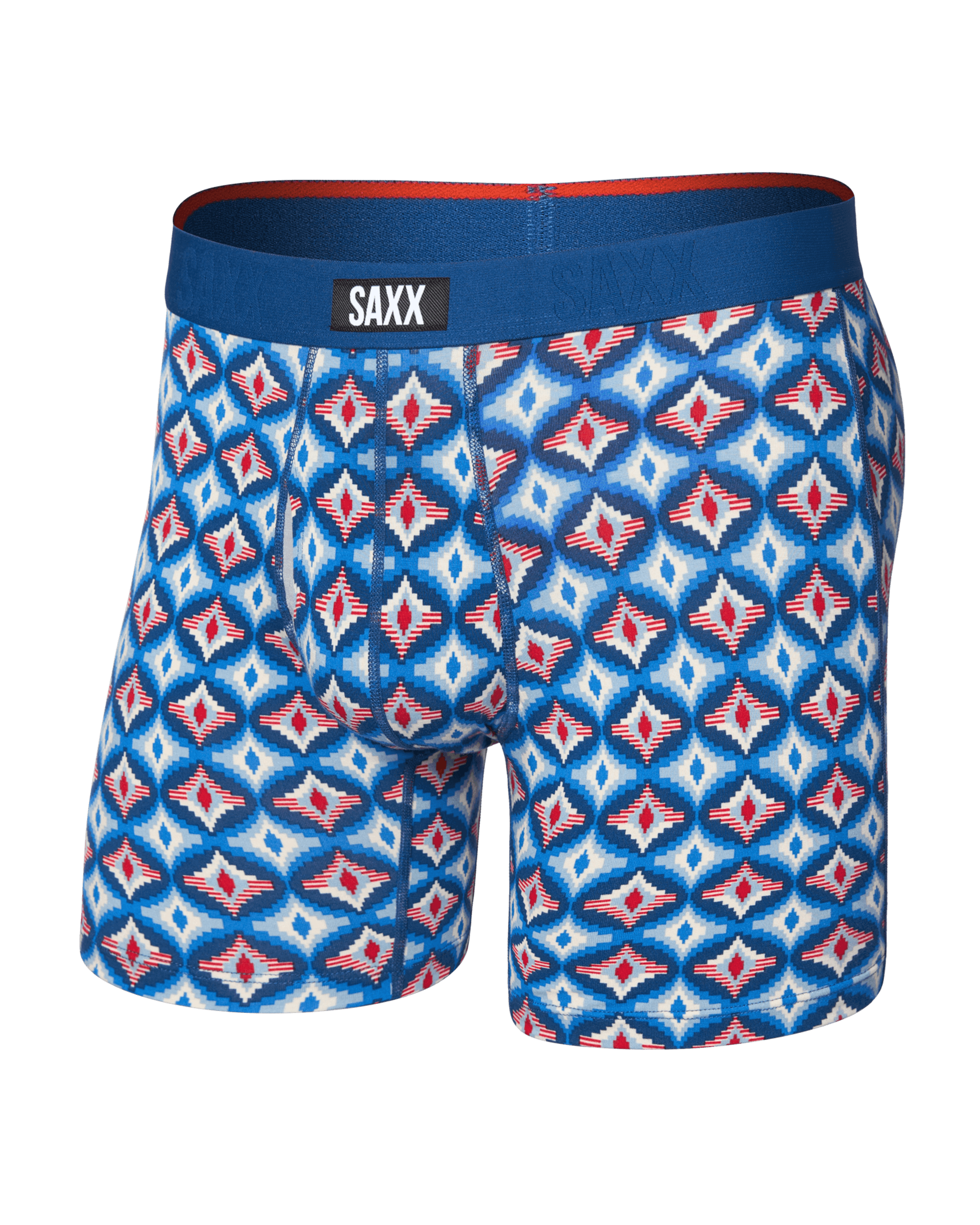 Front of Vibe Xtra Soft Comfort Boxer Brief Fly in Lo-Tech Foulard-Blue