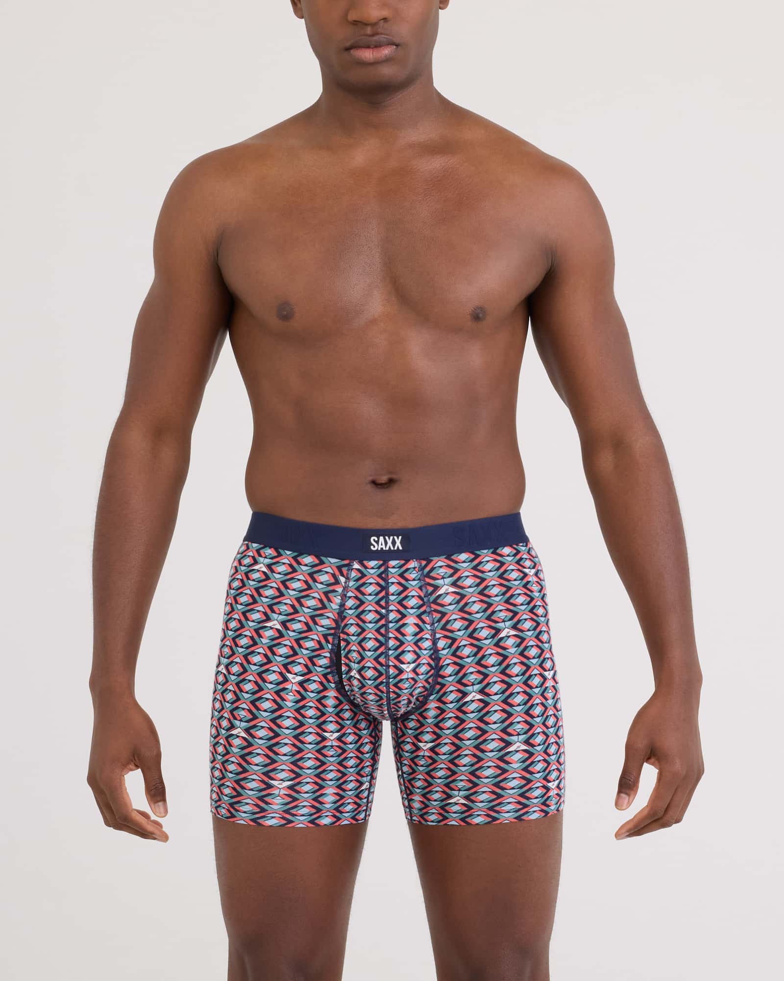 Front - Model wearing Vibe Xtra Soft Comfort Boxer Brief Fly in Martini Geo-Multi