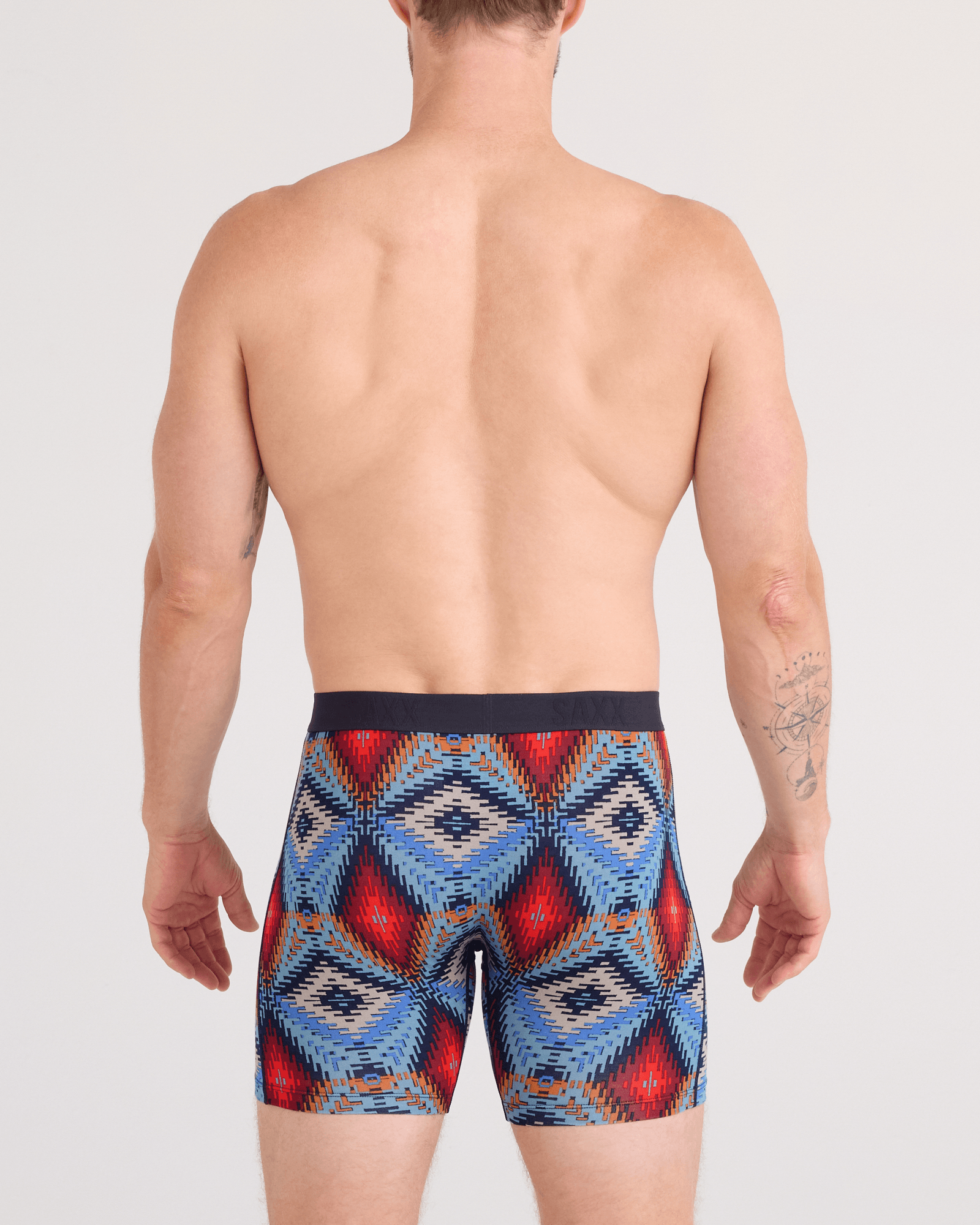 Back - Model wearing Vibe Xtra Soft Comfort Boxer Brief Fly in Mesa Mosaic-Multi