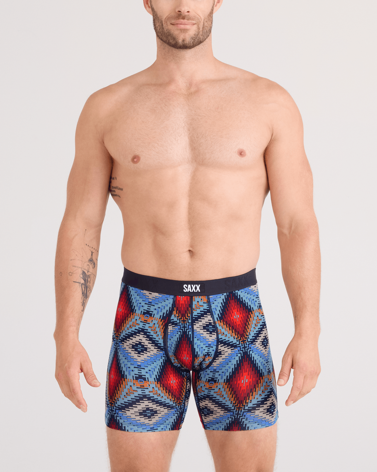 Front - Model wearing Vibe Xtra Soft Comfort Boxer Brief Fly in Mesa Mosaic-Multi