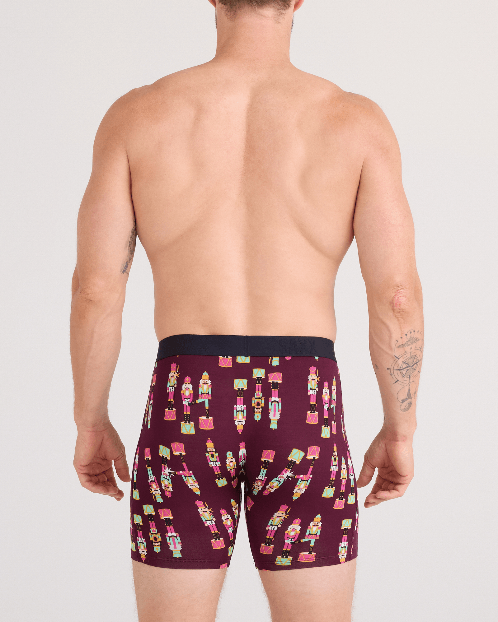 Back - Model wearing Vibe Xtra Soft Comfort Boxer Brief Fly in Nutcracker 25-Maroon